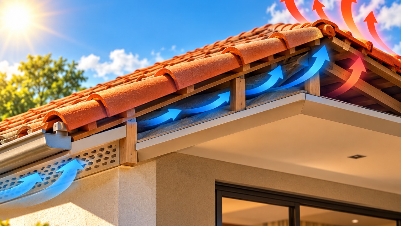 algumas casas utilizam telhados ventilados com uma camada de ar entre as telhas e o forro para reduzir o calor dentro dos cômodos