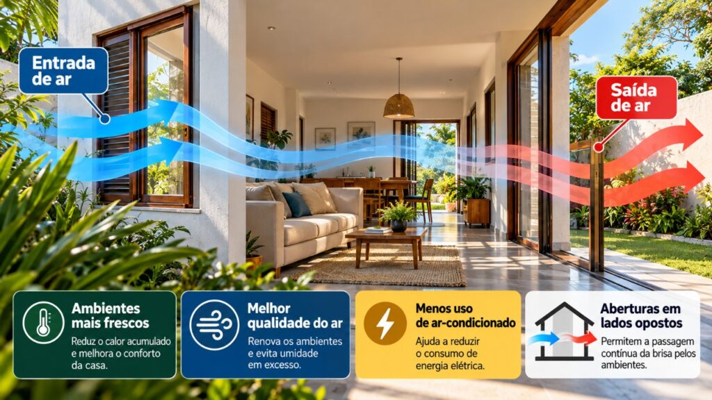Casas com ventilação cruzada conseguem aproveitar melhor a circulação natural do ar, e o posicionamento de portas e janelas pode fazer uma diferença que começa no projeto