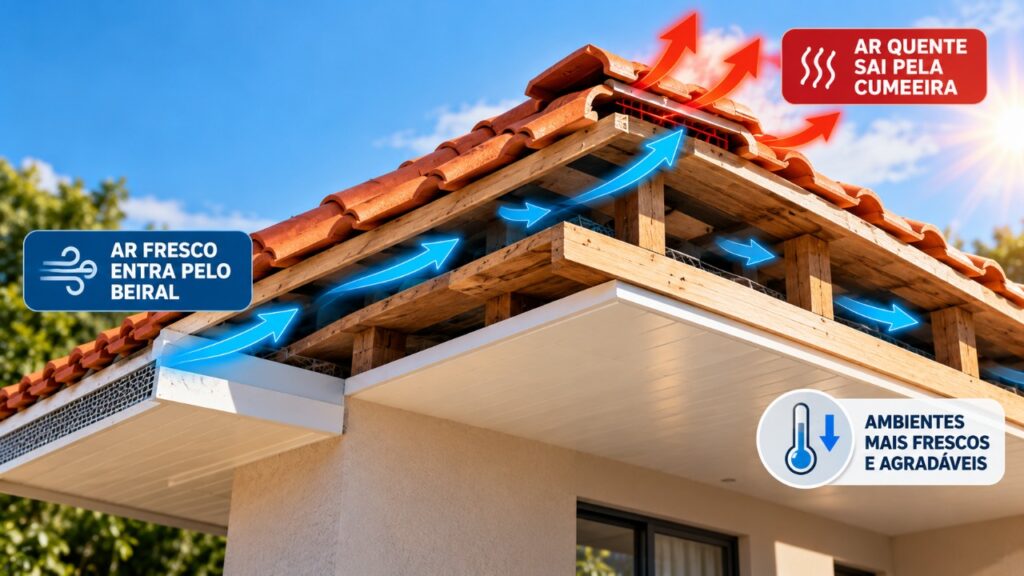 algumas casas utilizam telhados ventilados com uma camada de ar entre as telhas e o forro para reduzir o calor dentro dos cômodos