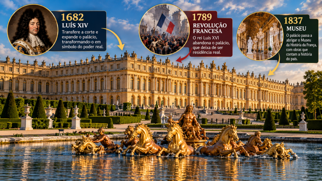 Erguido no século XVII, o Palácio de Versalhes atravessou revoluções, mudanças de governo e grandes projetos de restauração, deixou de ser residência da monarquia francesa e continua como um dos conjuntos arquitetônicos mais famosos da França, com jardins monumentais, salões ornamentados e uma história ligada à transformação política europeia