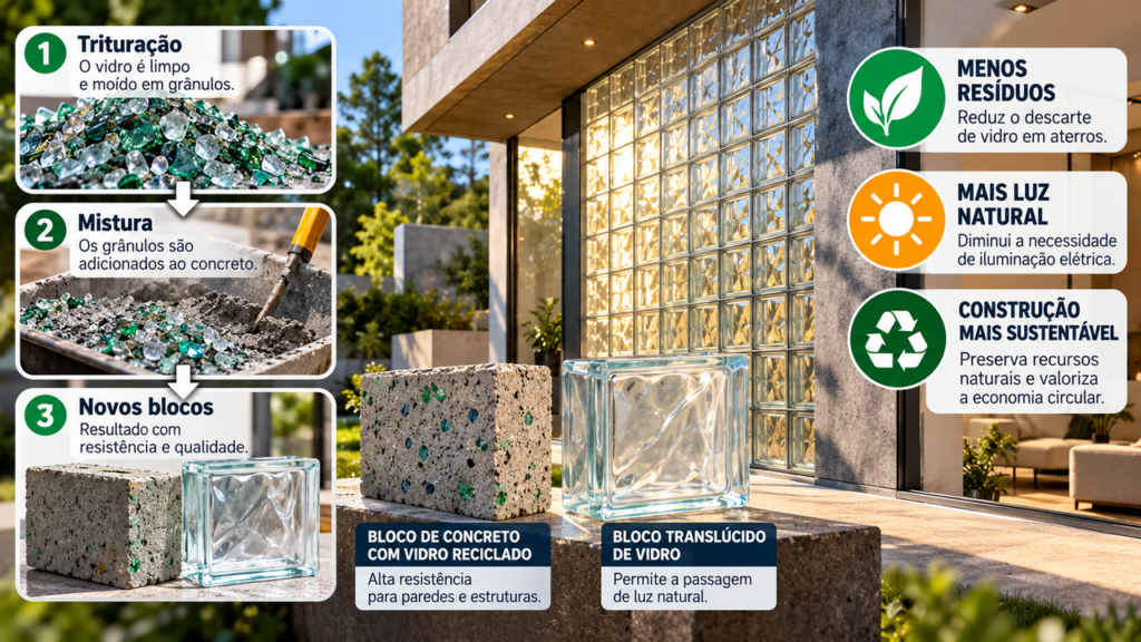 Transformar vidro reciclado em blocos para paredes: como esse material pode aproveitar a passagem de luz e quais diferenças existem em relação à alvenaria convencional