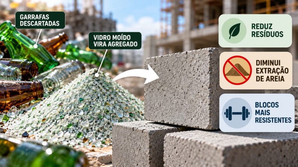 Garrafas de vidro moídas viram substituto da areia dos rios e criam cimento mais resistente que reduz descarte e pressão ambiental na construção civil