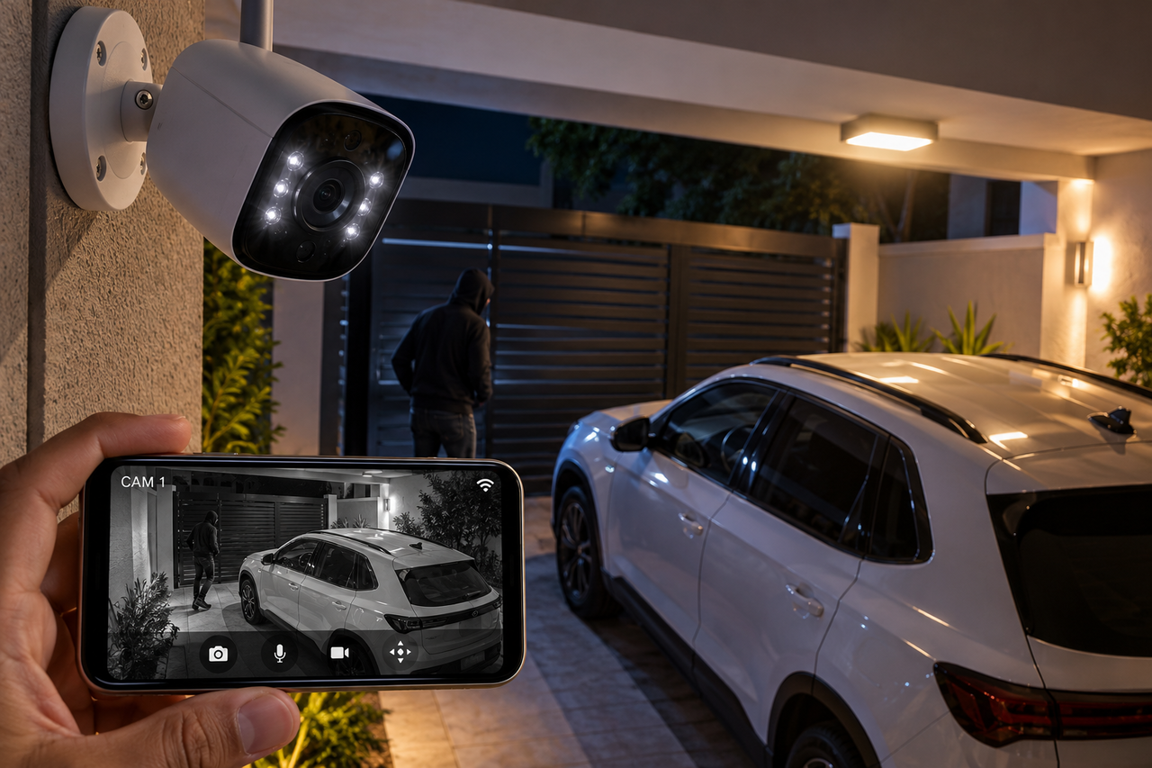 Morador instala uma câmera de segurança na garagem para vigiar o carro durante a noite e descobre como a altura, o ângulo e a iluminação podem fazer toda a diferença para identificar quem se aproxima