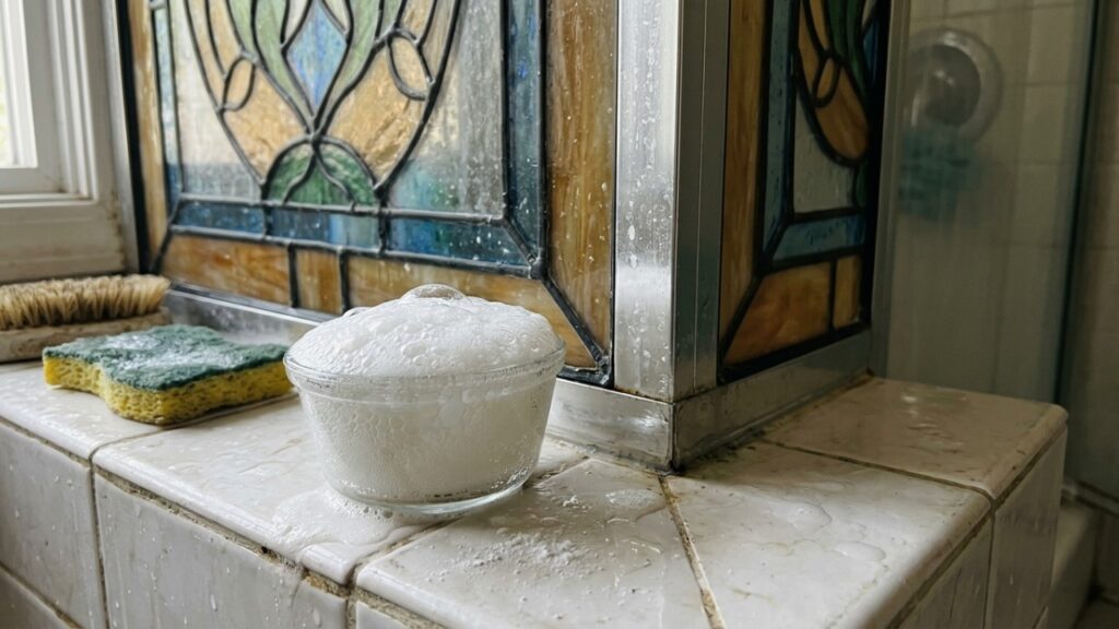 Faxineiras de hotel explicam: borrifar vinagre, água e bicarbonato no box do banheiro pode ajudar a soltar as marcas e deixar o vidro brilhando com menos esforço