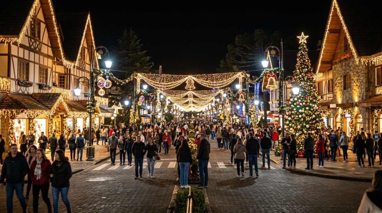 Parece cenário de filme, mas é no Brasil: a cidade da Serra Gaúcha que fica 88 dias iluminada e abre o Natal em outubro