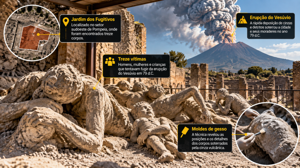 Arqueólogos encontraram um homem que fugiu de Pompeia quando o Monte Vesúvio entrou em erupção 2.000 anos depois, segurando uma tigela para proteger a cabeça e uma lâmpada para iluminar o caminho