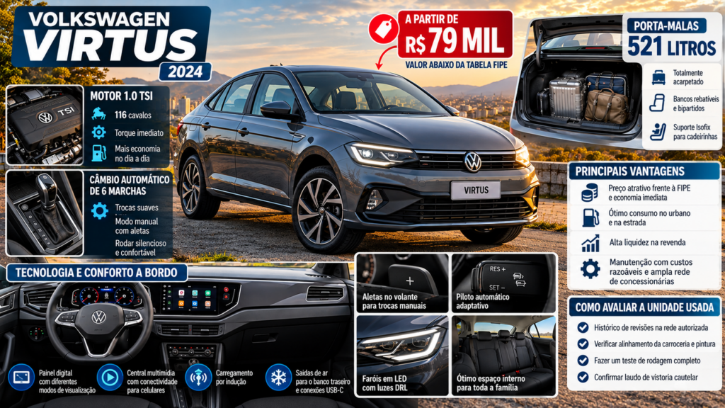 Na faixa dos R$ 79 mil, este Volkswagen 2024 surpreende no mercado com motor turbo, câmbio automático e porta-malas de 521 litros, além de custar até R$ 15 mil menos que a FIPE