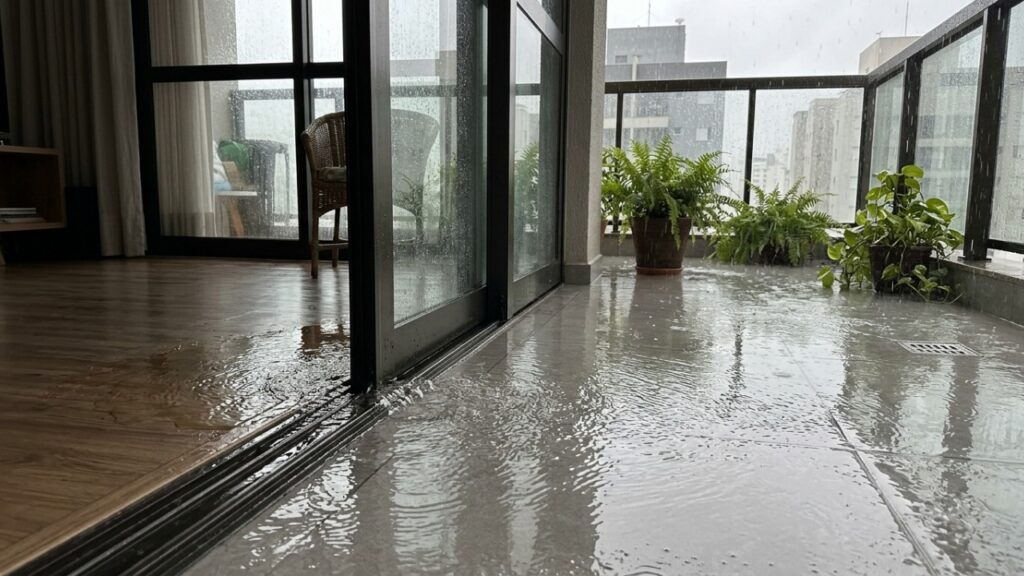 Morador troca o piso da varanda para deixar o espaço mais moderno e descobre que alguns milímetros de caimento fazem diferença para a água não voltar para dentro de casa