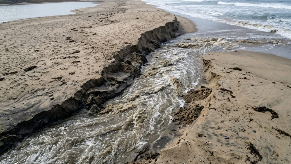 Pai ajuda o filho a cavar um "pequeno rio" entre uma lagoa e o mar durante brincadeira na praia, mas a força da água começa a alargar o canal e transforma a diversão em um possível problema ambiental