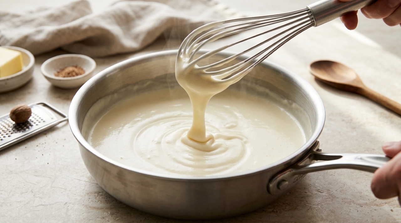 Panela de inox com molho branco caseiro liso e cremoso, enquanto um batedor de arame levanta o creme, mostrando sua textura aveludada e sem grumos. - Imagem ilustrativa criada por inteligência artificial