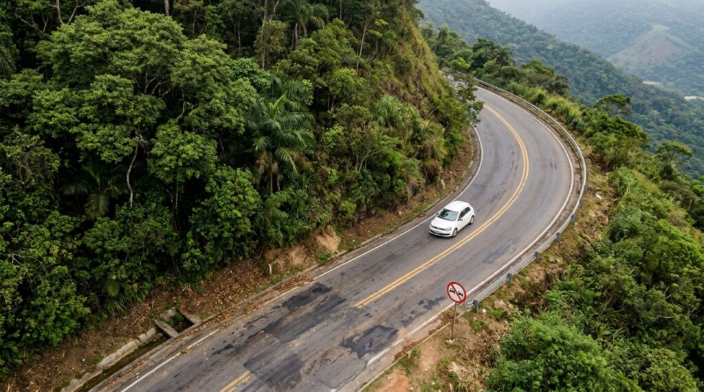 Vista aérea de rodovia brasileira com curva fechada, faixa dupla amarela contínua e placa de proibido ultrapassar, enquanto carro branco segue pela pista cercada de vegetação verde. - Imagem ilustrativa criada por inteligência artificial