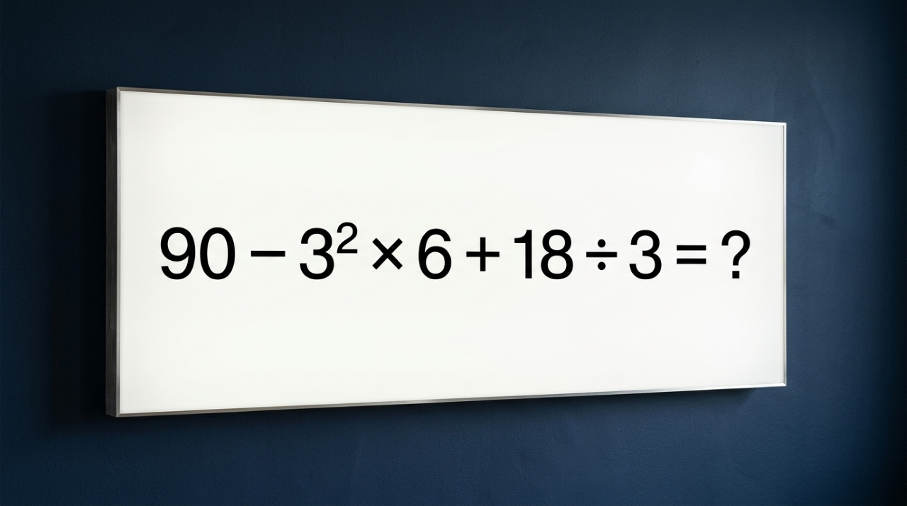 Painel branco iluminado sobre parede azul-marinho exibindo a expressão 90 − 3² × 6 + 18 ÷ 3 = ?, um desafio de matemática sem calculadora. - Imagem ilustrativa criada por inteligência artificial