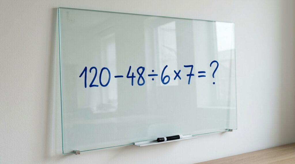 Lousa de vidro transparente com a expressão 120 − 48 ÷ 6 × 7 = ? escrita em marcador azul, representando um exercício de raciocínio matemático sem calculadora. - Imagem ilustrativa criada por inteligência artificial