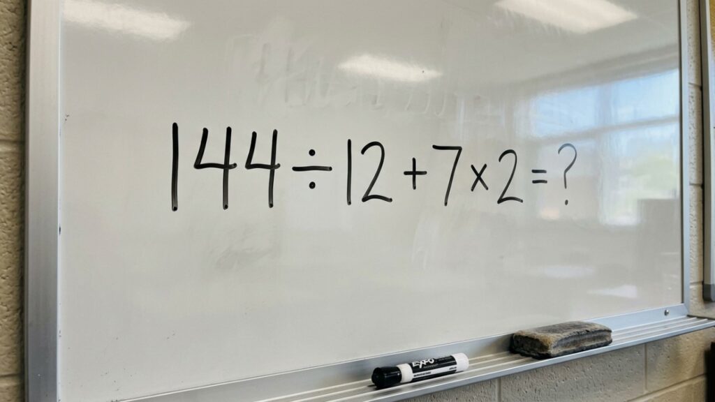 Parece uma conta de criança, mas muita gente esquece qual operação fazer primeiro: 144 ÷ 12 + 7 × 2
