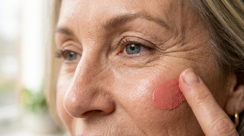 Mulher acima de 50 anos aplica uma pequena quantidade de blush cremoso na maçã do rosto. - - Imagem ilustrativa criada por inteligência artificial