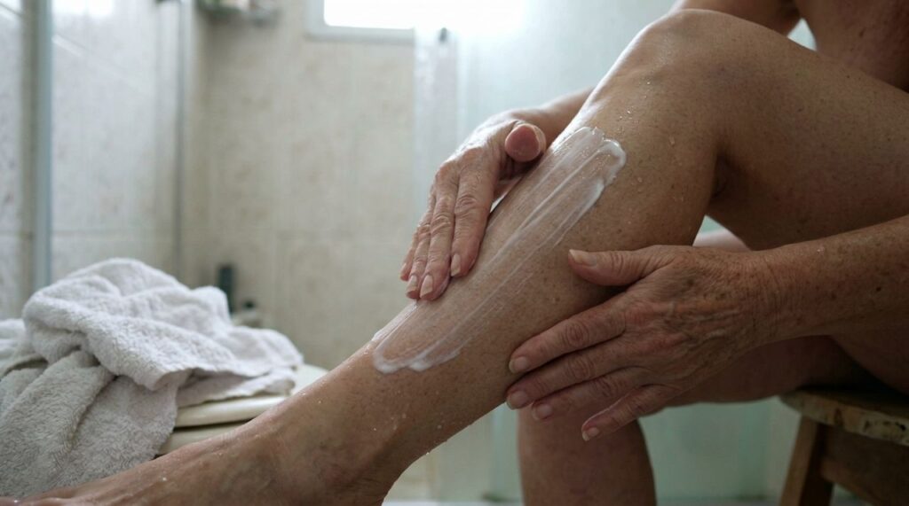 Dermatologistas afirmam: “Depois dos 45 anos, usar um hidratante com glicerina nas pernas pode ajudar a combater aquela aparência de pele craquelada, mas o resultado depende da aplicação regular e dos cuidados durante o banho”