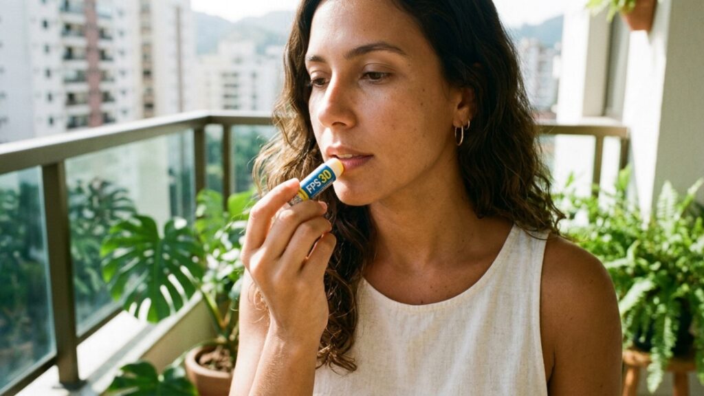 Dermatologistas explicam: “Os lábios também podem sofrer queimaduras solares e ressecamento, mas muita gente esquece de proteger essa região do rosto com um hidratante labial com FPS”