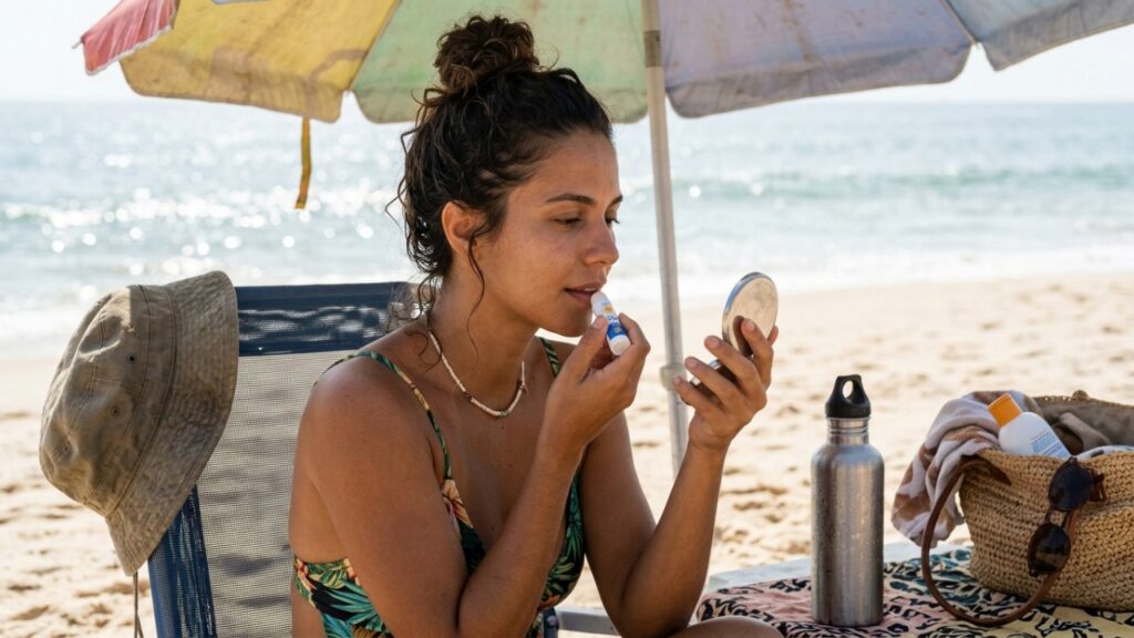 Dermatologistas explicam: “Os lábios também podem sofrer queimaduras solares e ressecamento, mas muita gente esquece de proteger essa região do rosto com um hidratante labial com FPS”