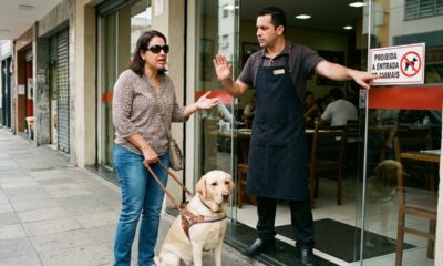 Mulher cega é impedida de entrar num restaurante com o cão-guia porque "não é permitido animal" e descobre que a lei garante a entrada do cão em qualquer local aberto ao público, inclusive ônibus e aviões