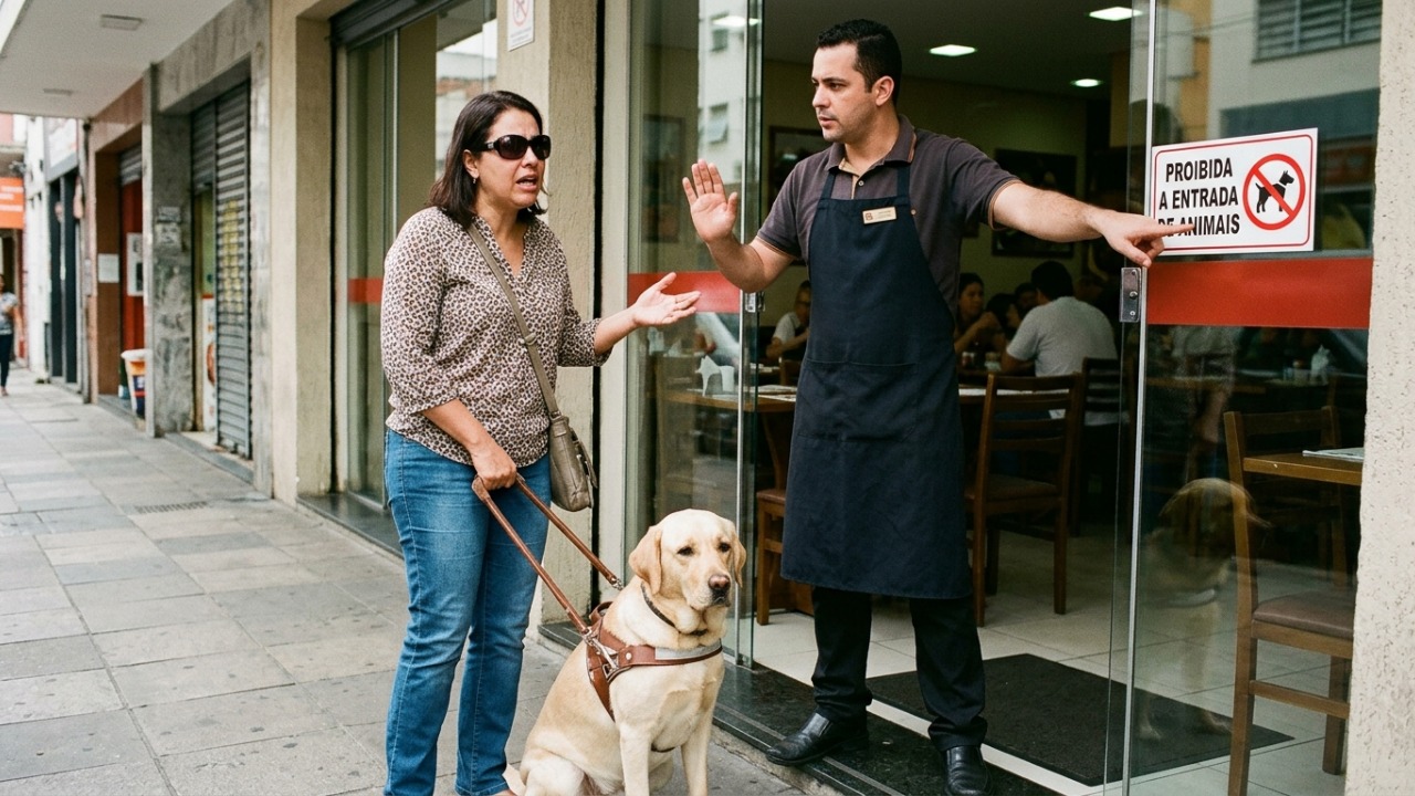 Mulher cega é impedida de entrar num restaurante com o cão-guia porque "não é permitido animal" e descobre que a lei garante a entrada do cão em qualquer local aberto ao público, inclusive ônibus e aviões