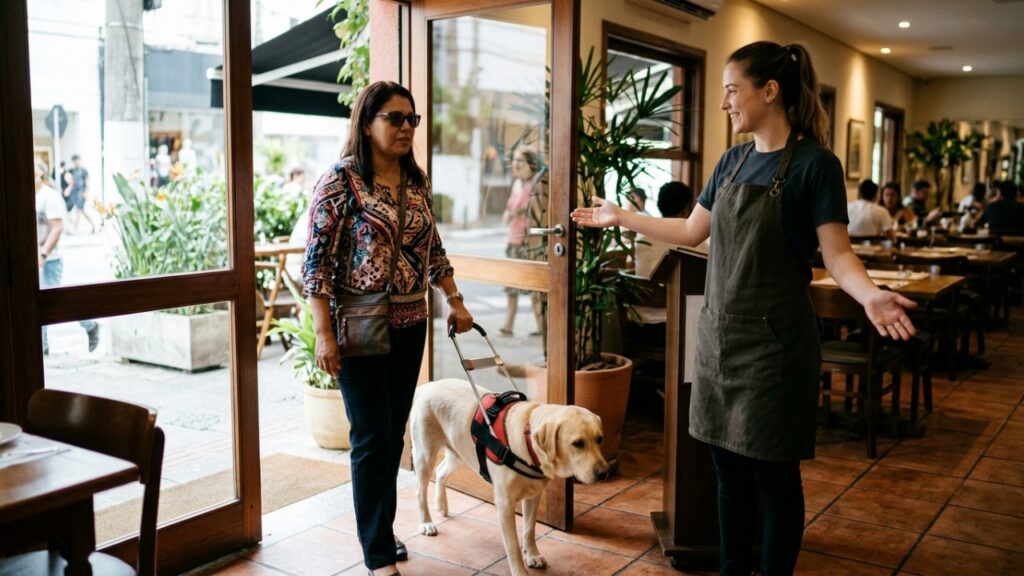 Mulher cega é impedida de entrar num restaurante com o cão-guia porque "não é permitido animal" e descobre que a lei garante a entrada do cão em qualquer local aberto ao público, inclusive ônibus e aviões