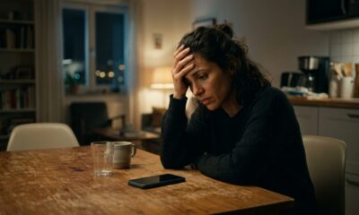 Mulher sentada sozinha à mesa durante a noite, com a mão na testa e expressão preocupada, diante de um celular e cadeiras vazias. - Imagem ilustrativa criada por inteligência artificial