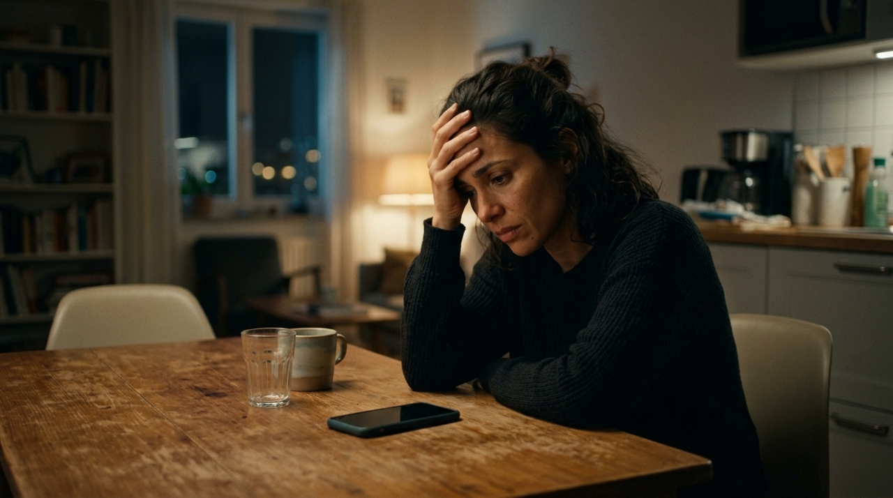 Mulher sentada sozinha à mesa durante a noite, com a mão na testa e expressão preocupada, diante de um celular e cadeiras vazias. - Imagem ilustrativa criada por inteligência artificial