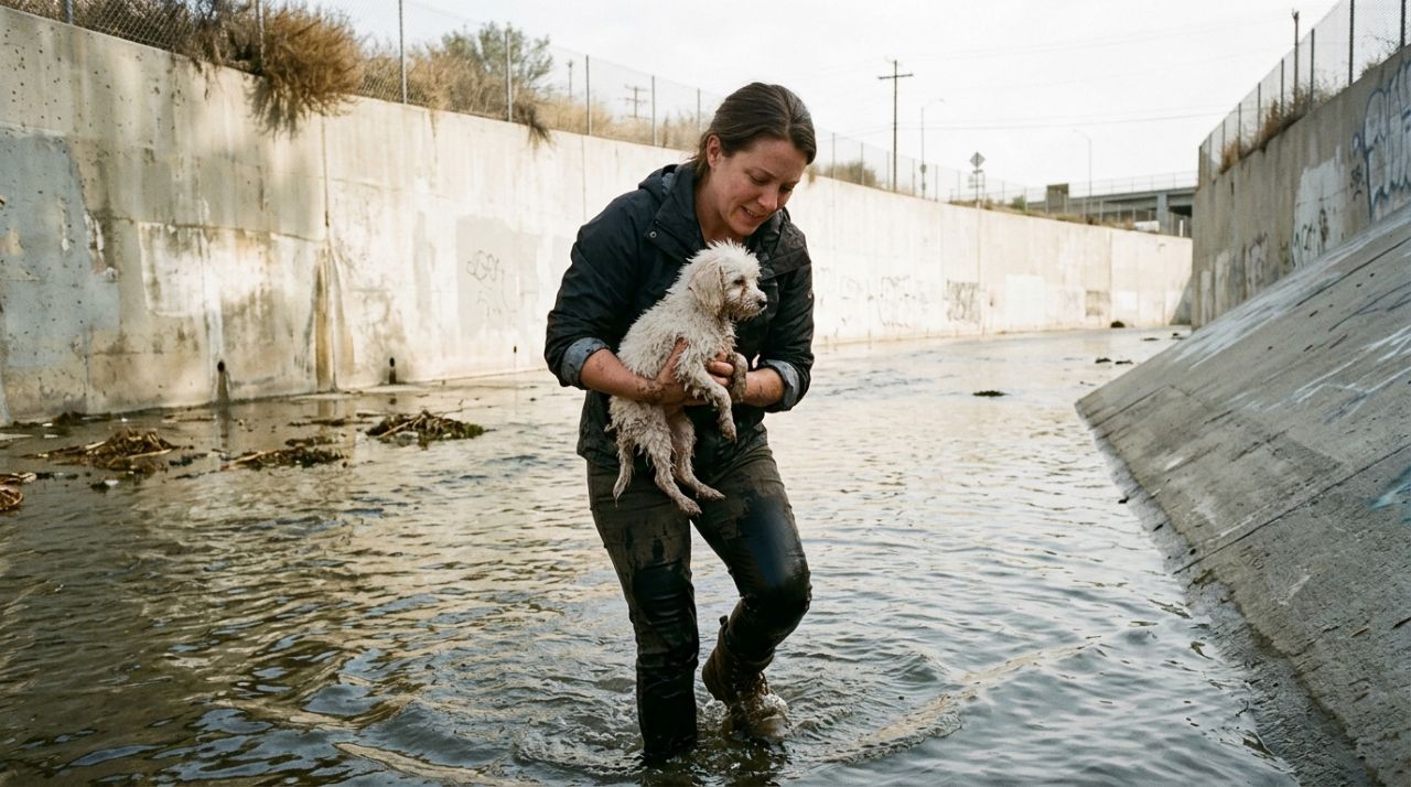 Cabeleireira tira os sapatos e pula em canal ao ver cachorro se afogando, protagonizando um resgate emocionante que surpreendeu a todos