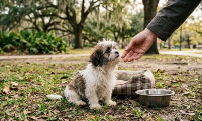 Shih-tzu é abandonado em parque com todos os seus pertences e tem reação emocionante ao perceber que finalmente está seguro