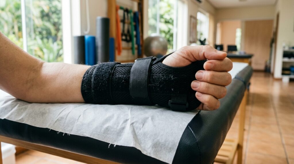 Punho esquerdo com órtese ortopédica apoiado em maca de fisioterapia, representando a recuperação de lesão causada por queda durante aula de step. - Imagem ilustrativa criada por inteligência artificial