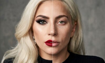 Retrato de Lady Gaga com metade do rosto usando maquiagem glamourosa e a outra metade com aparência natural, representando autenticidade e liberdade de expressão. - Imagem ilustrativa criada por inteligência artificial