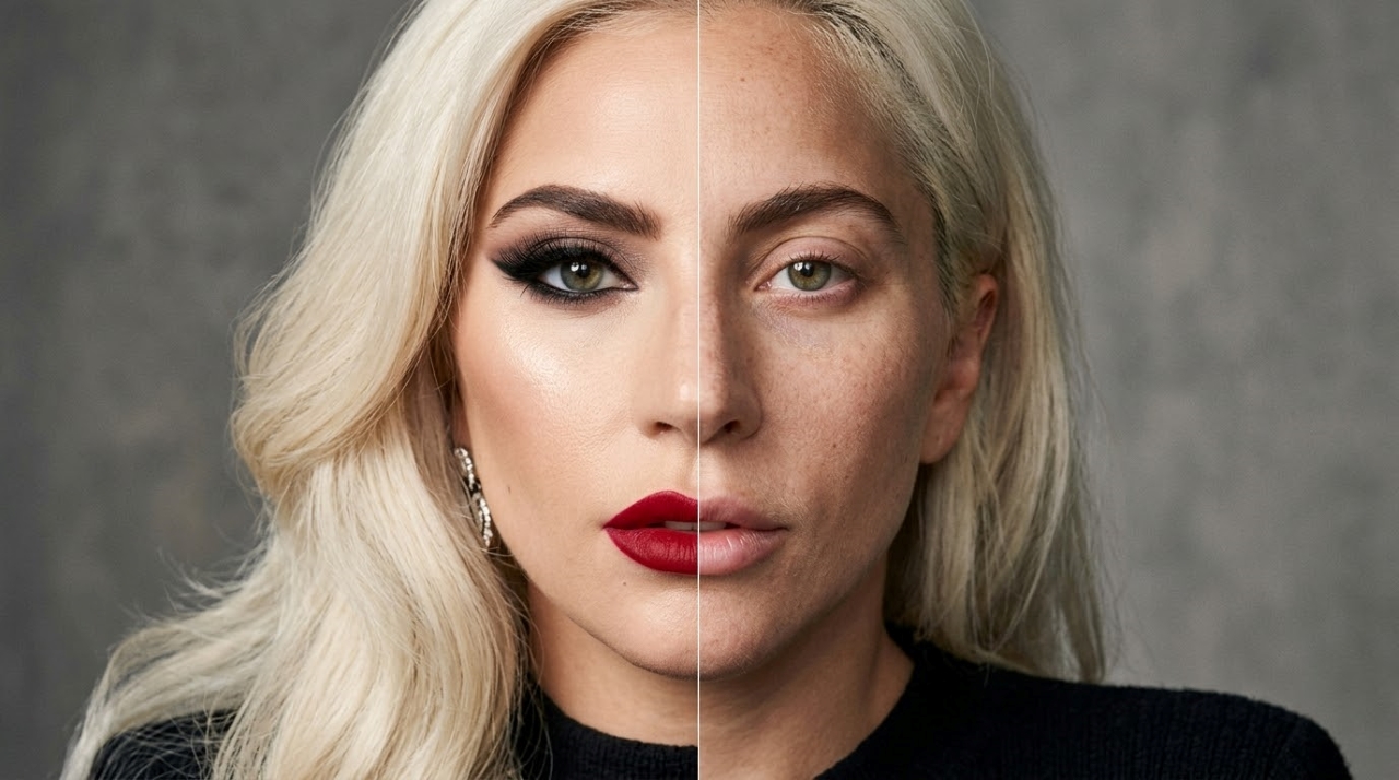 Retrato de Lady Gaga com metade do rosto usando maquiagem glamourosa e a outra metade com aparência natural, representando autenticidade e liberdade de expressão. - Imagem ilustrativa criada por inteligência artificial