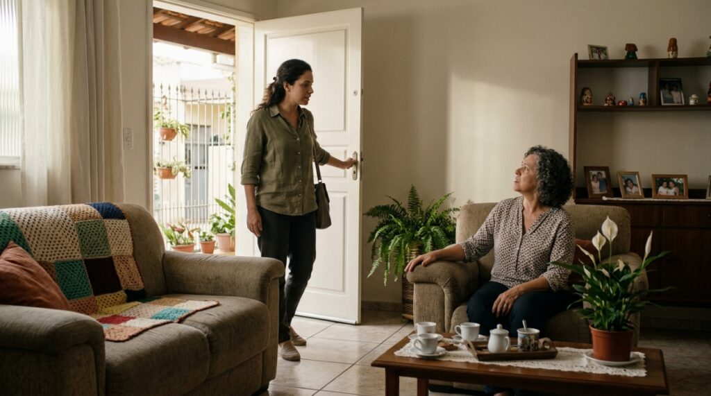 Mulher adulta conversa com a mãe em uma sala residencial, mantendo postura tranquila e firme enquanto a mãe demonstra contrariedade. - Imagem ilustrativa criada por inteligência artificial