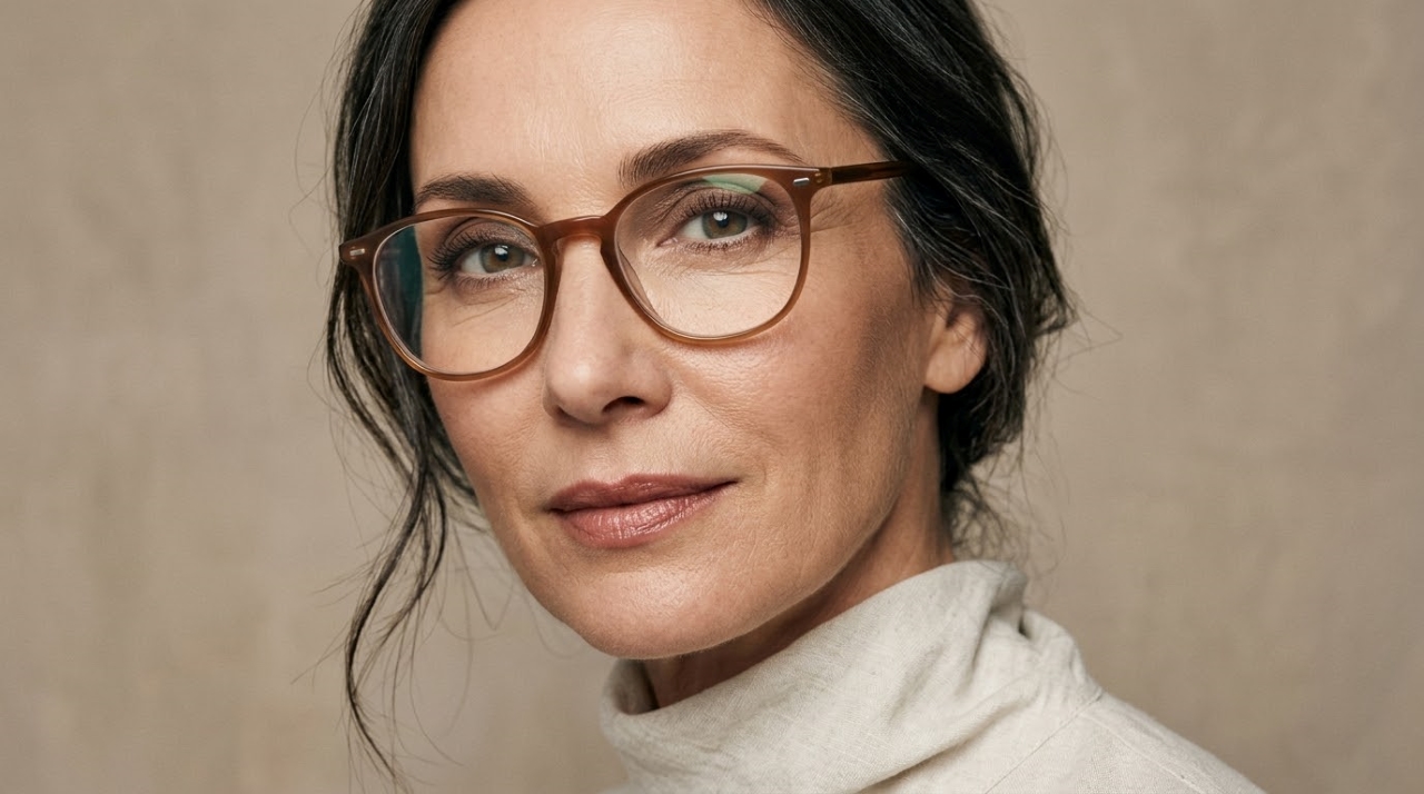 Mulher madura usando óculos de grau com armação marrom e maquiagem natural nos olhos, com sombra esfumada, sobrancelhas definidas e cílios delicados. - Imagem ilustrativa criada por inteligência artificial