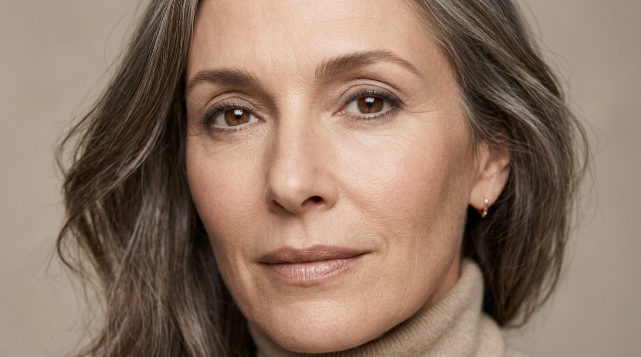 Mulher de 55 anos com maquiagem natural nos olhos, delineado taupe suavemente esfumado, sobrancelhas definidas e pele madura com textura real. - Imagem ilustrativa criada por inteligência artificial