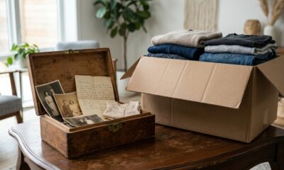 Caixa de madeira com fotografias antigas, cartas e roupas guardadas sobre uma mesa, ao lado de objetos separados para doação em uma casa organizada. - Imagem ilustrativa criada por inteligência artificial