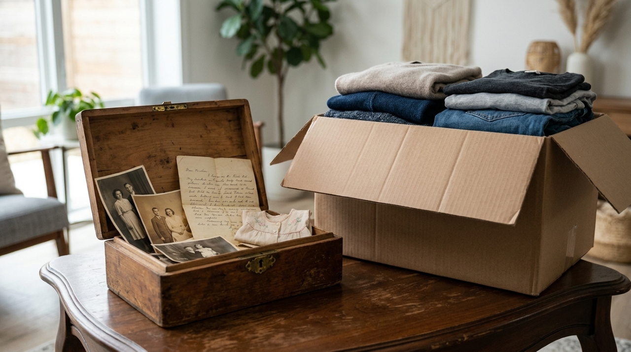 Caixa de madeira com fotografias antigas, cartas e roupas guardadas sobre uma mesa, ao lado de objetos separados para doação em uma casa organizada. - Imagem ilustrativa criada por inteligência artificial