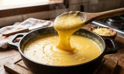 Chefs de cozinha afirmam: “Para a polenta ficar cremosa e sem pelotas, não despeje o fubá seco diretamente na água fervendo, mas dissolva primeiro em água fria e só depois leve ao fogo”