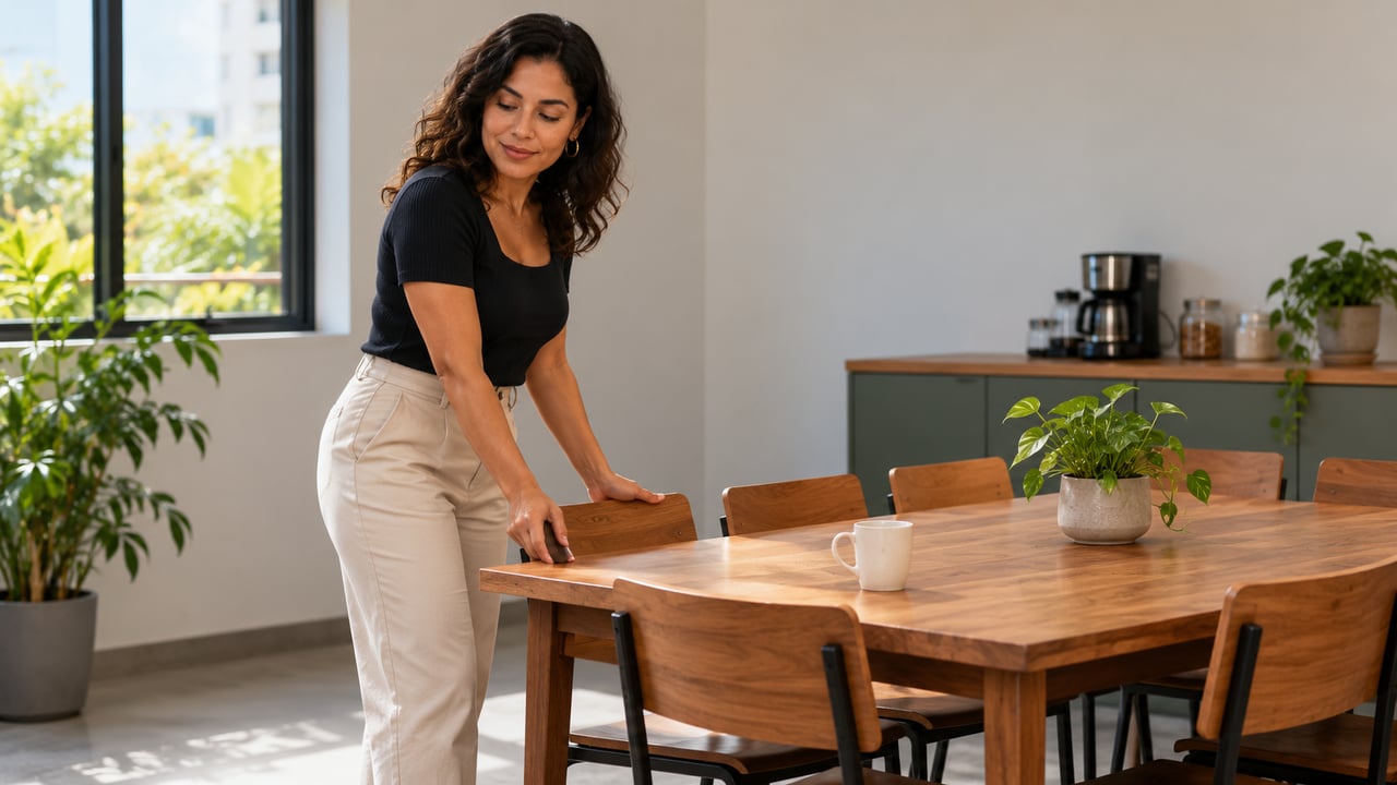 Empurrar a cadeira de volta à mesa é um hábito aprendido que pode indicar atenção ao espaço compartilhado
