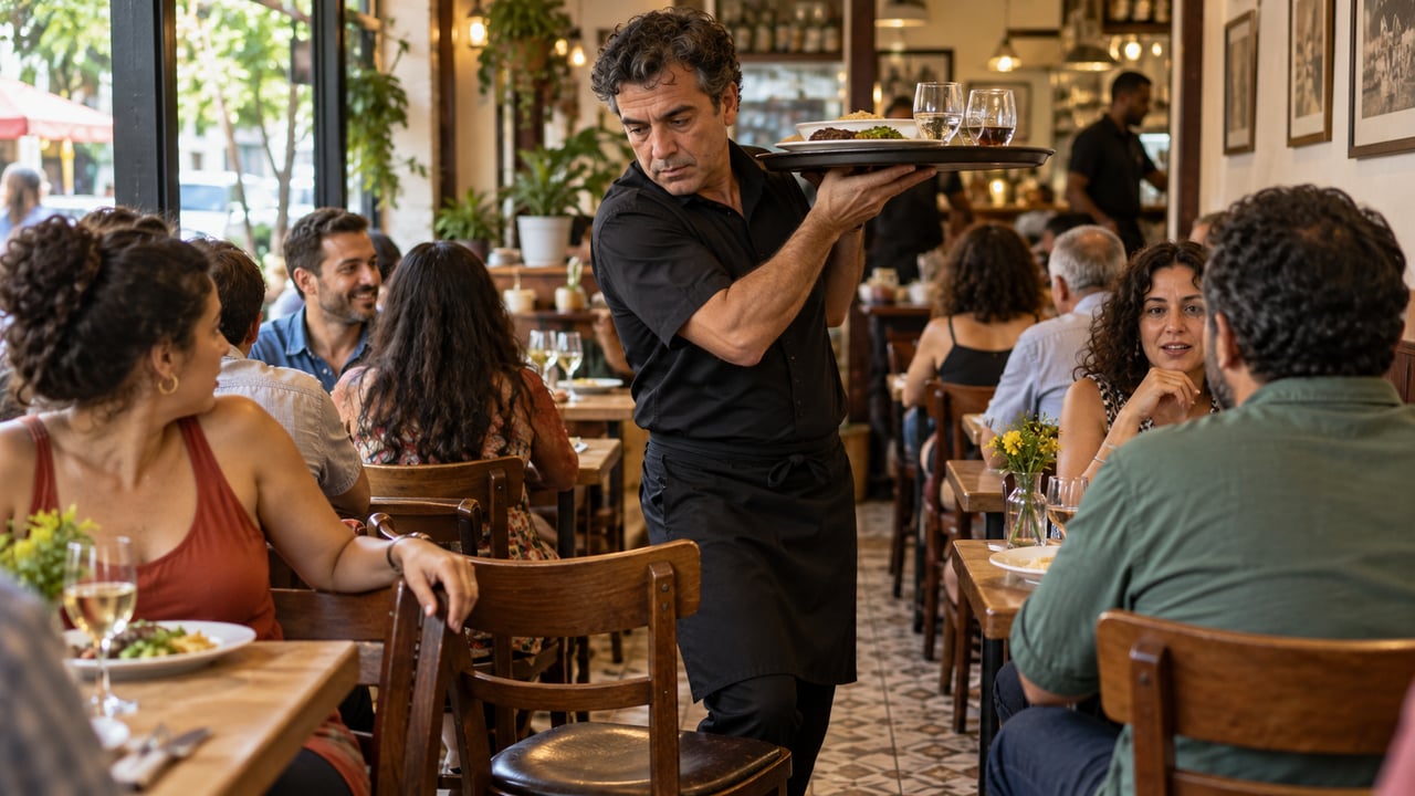 Uma cadeira fora do lugar atrapalha o garçom com a bandeja, quem usa cadeira de rodas, andador ou muletas e pessoas com deficiência visual