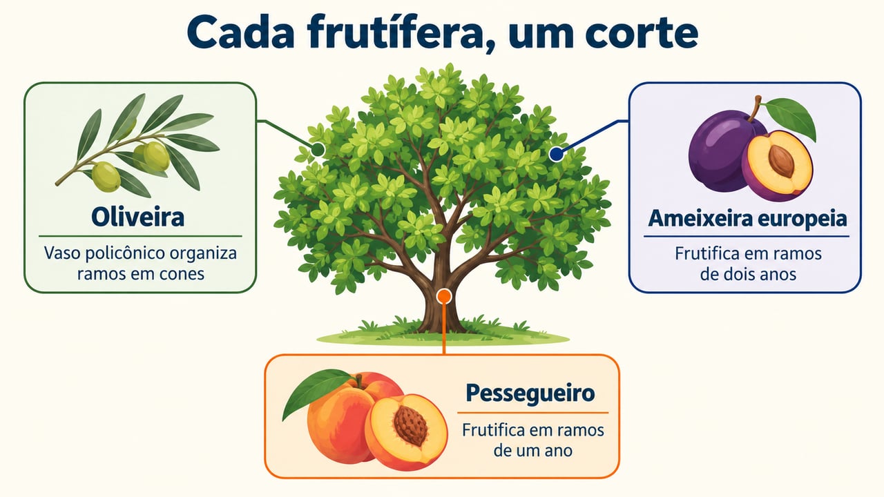 Oliveira, ameixeira e pessegueiro frutificam em madeiras diferentes e pedem cortes diferentes