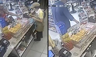 CCTV footage: Two customers at a convenience store counter with various products. Text 'Sex 07:29'.