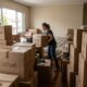 Mulher transporta caixa de 'LIVROS' em sala repleta de caixas de papelão rotuladas