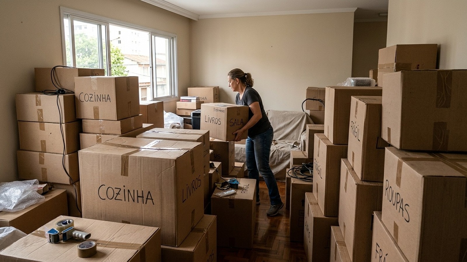 Mulher transporta caixa de 'LIVROS' em sala repleta de caixas de papelão rotuladas