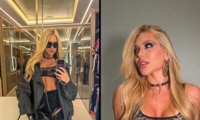Virginia Fonseca, loira, jaqueta de couro preta, top de renda, maquiagem e óculos de sol