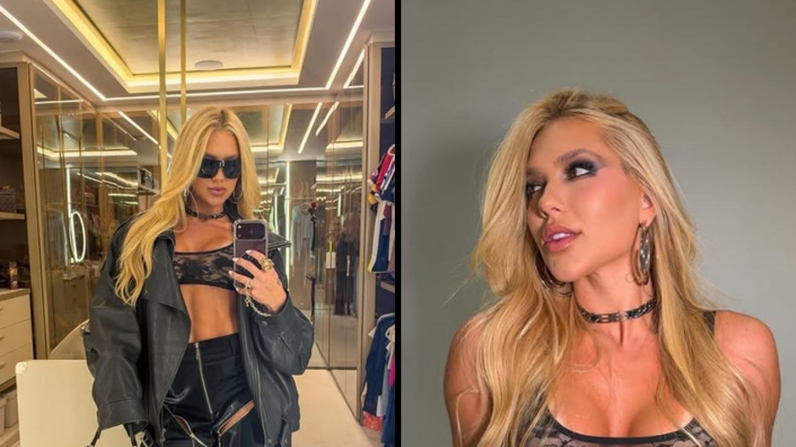 Virginia Fonseca, loira, jaqueta de couro preta, top de renda, maquiagem e óculos de sol