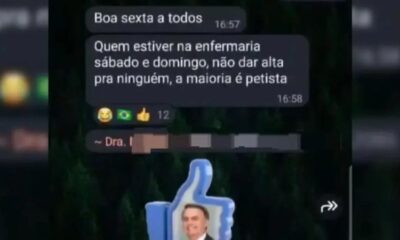 Captura de tela de WhatsApp com mensagens sobre pacientes 'petistas' e figurinha de Bolsonaro
