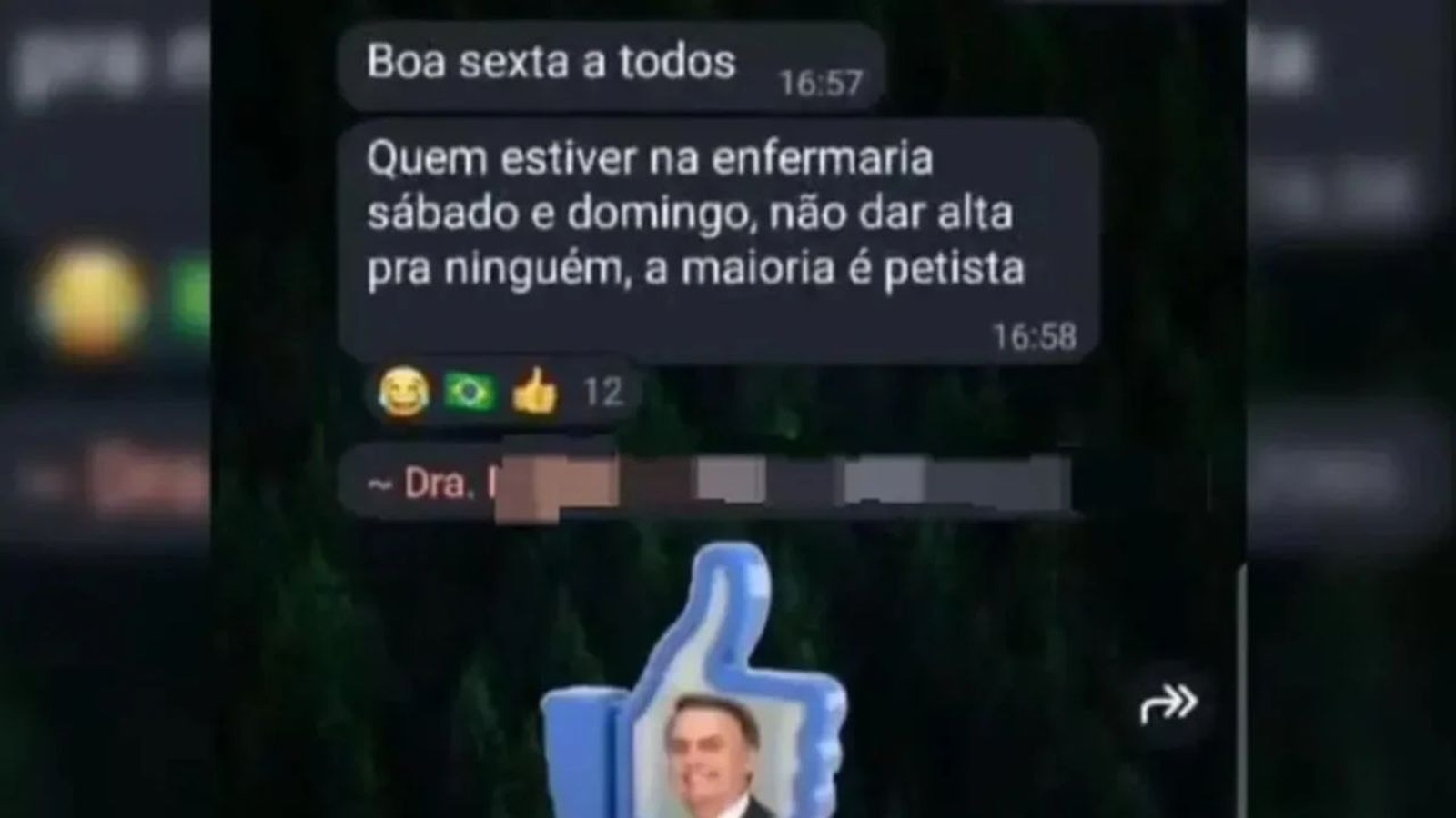 Captura de tela de WhatsApp com mensagens sobre pacientes 'petistas' e figurinha de Bolsonaro