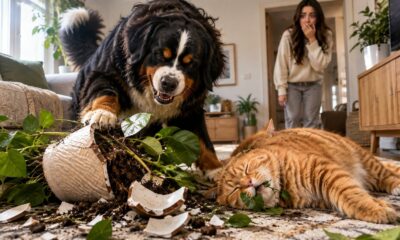 Cão e gato perto de vaso de planta quebrado com terra espalhada, mulher surpresa