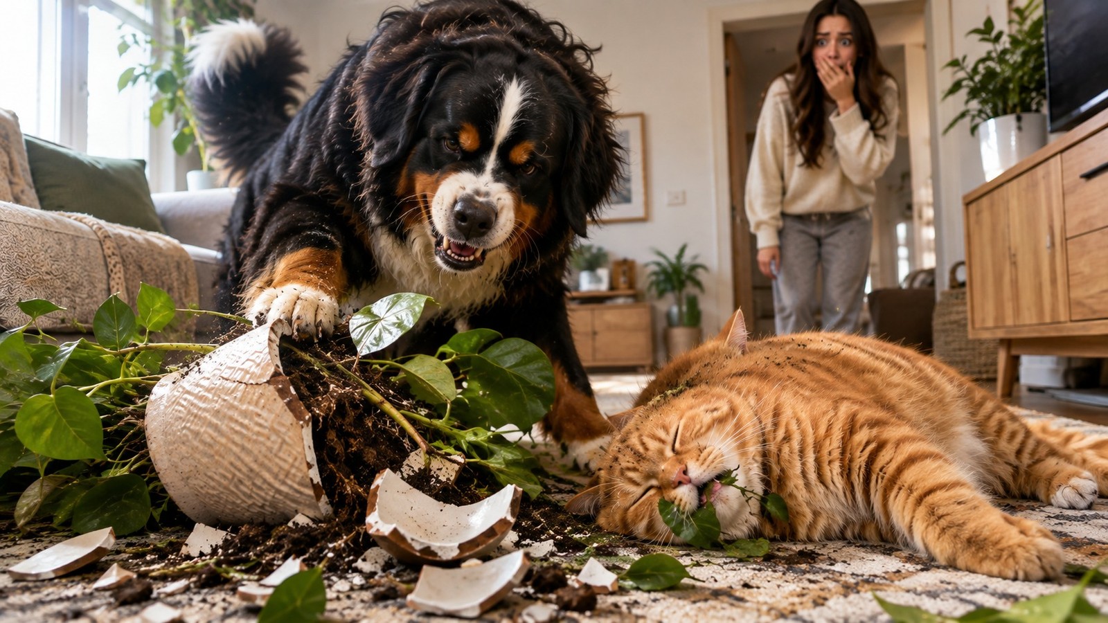 Cão e gato perto de vaso de planta quebrado com terra espalhada, mulher surpresa